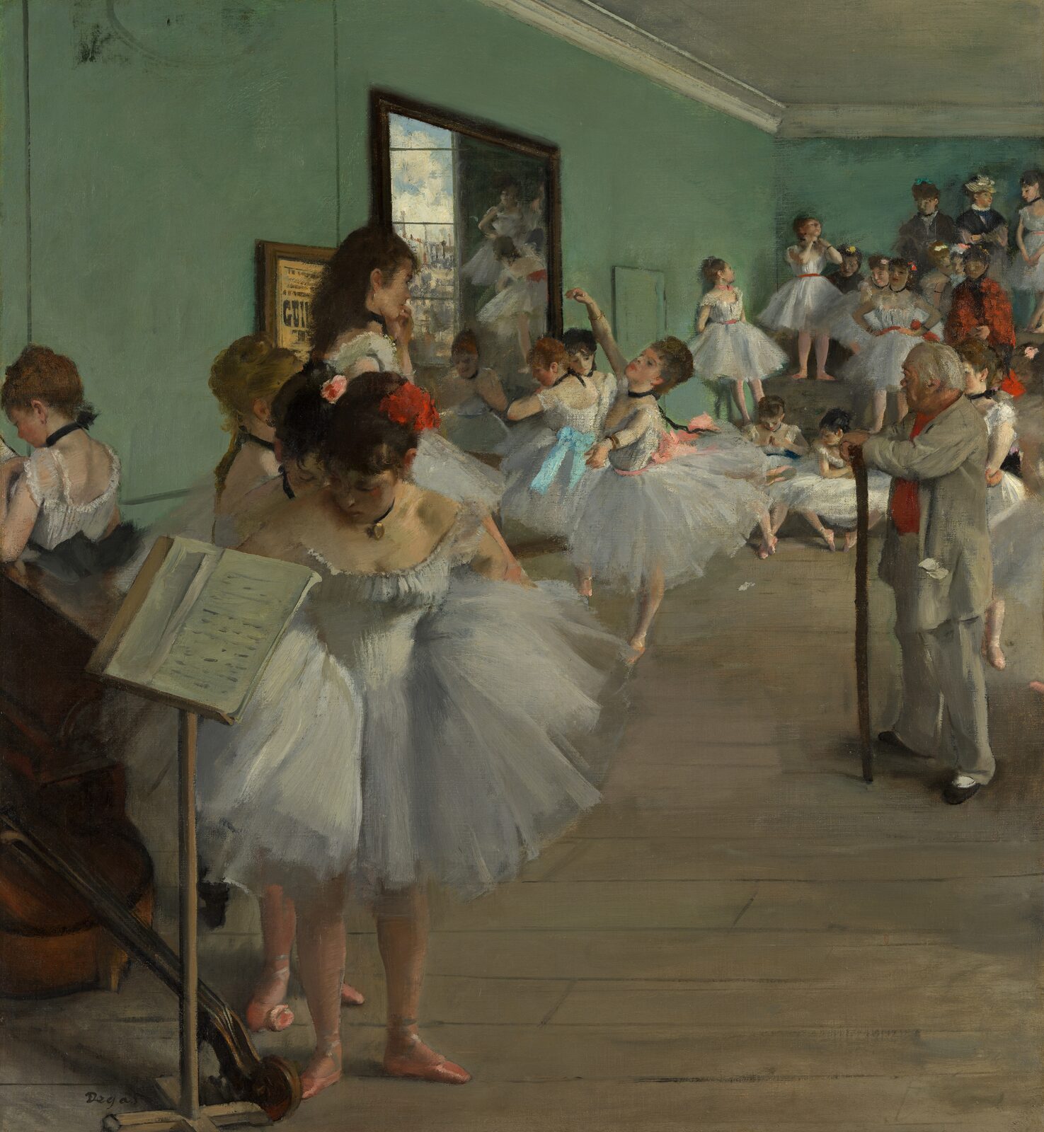 Ballerinas in white tutus waiting while their teacher leans on his stick
