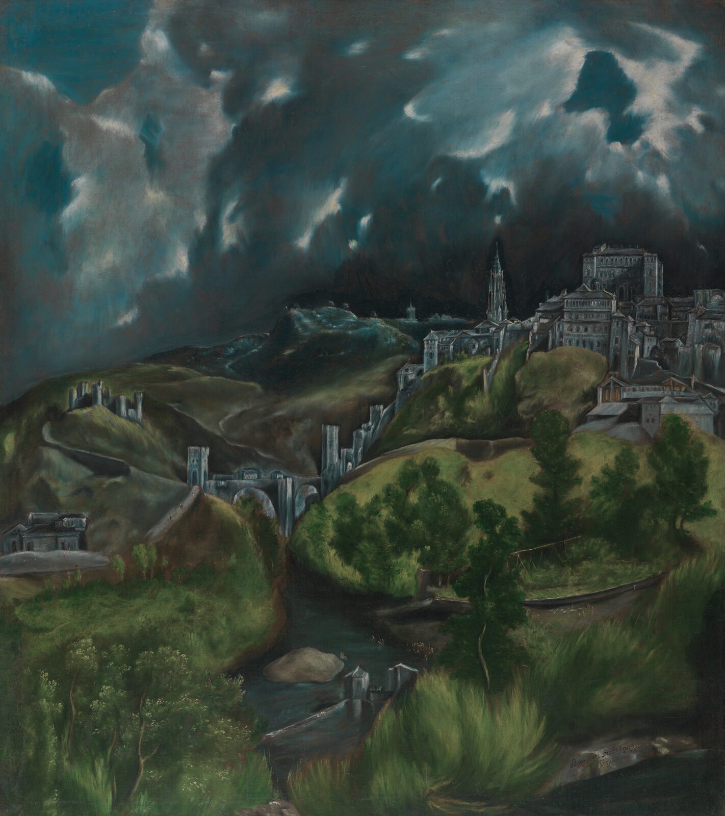 Toledo on its hill under a stormy green and grey sky