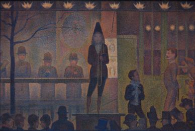 Musicians under gas lamps outside a circus at night, painted in dots of colour