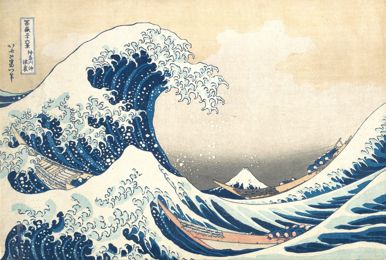 A great wave curling over three boats, Mount Fuji small in the distance
