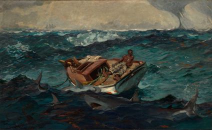 A man lying on the deck of a broken boat in a rough sea, sharks circling and a waterspout behind