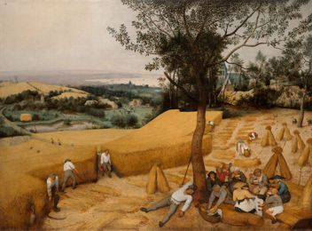 Peasants harvesting wheat on a summer afternoon, some of them resting under a pear tree