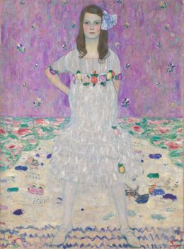 A girl in a white dress standing with her feet apart against a lilac background