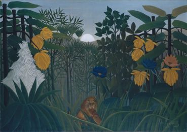 A lion eating its prey in a jungle of huge leaves and flowers