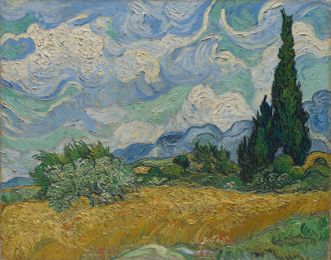A yellow wheat field under swirling clouds, a dark cypress rising on the right